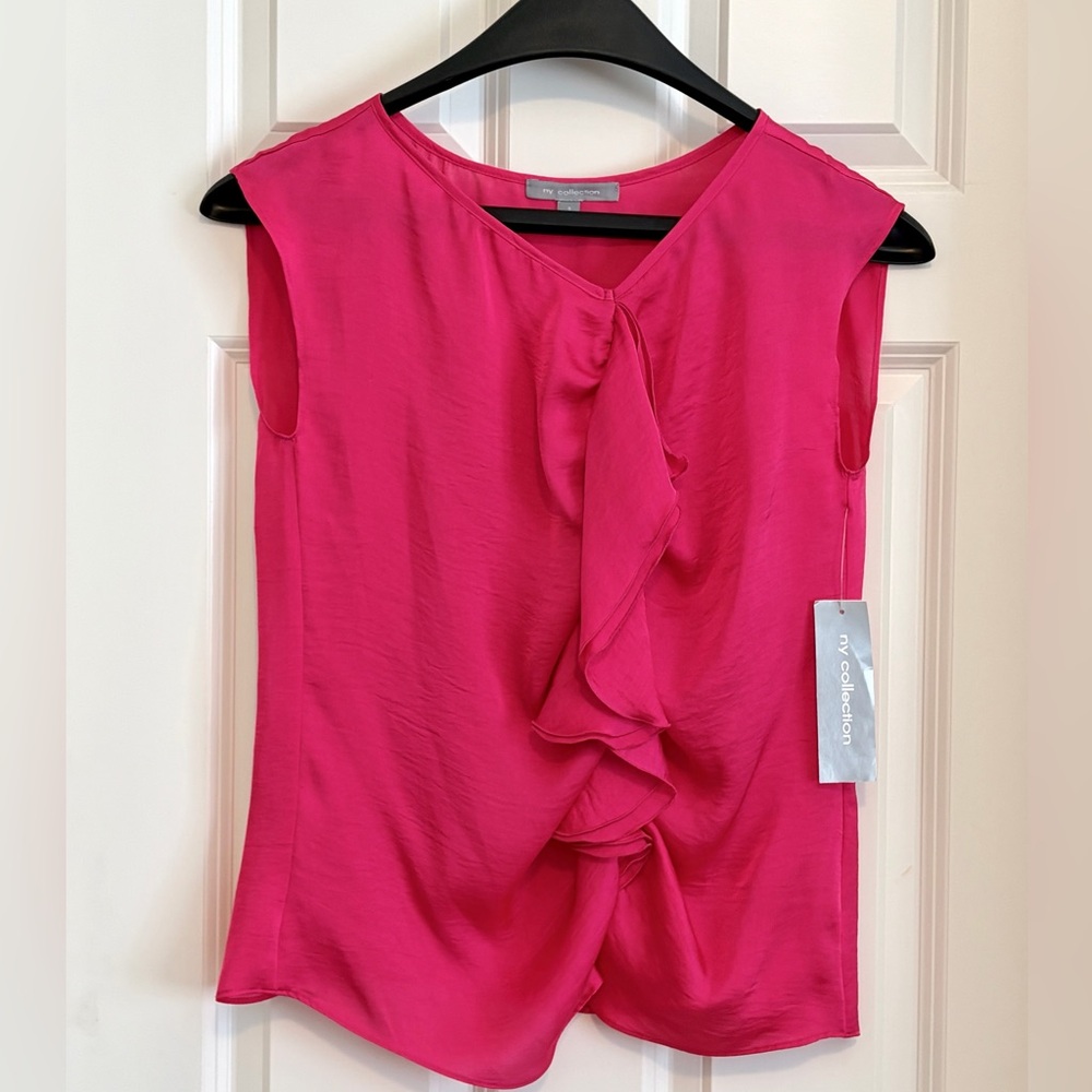 NY Collection Peony Pink Ruffle Front Sleeveless Blouse S Silky NWT